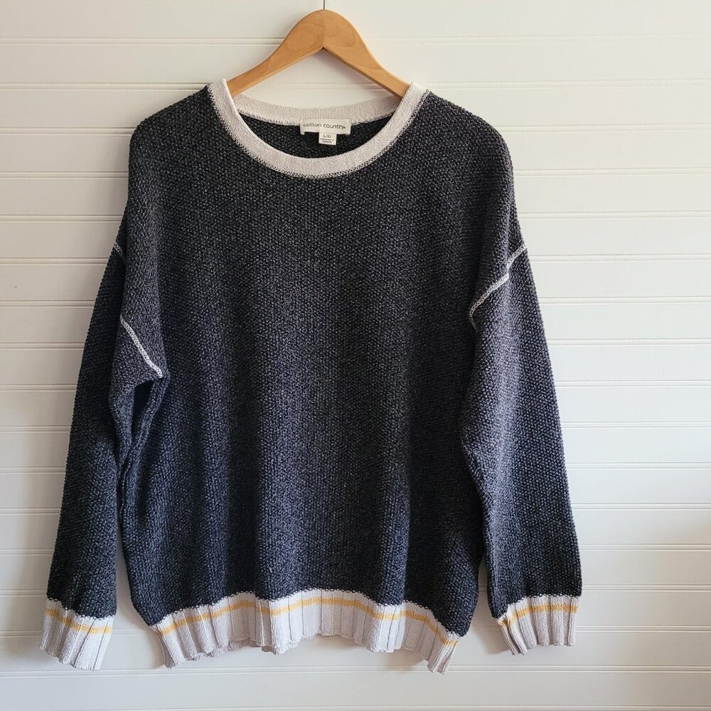 Cotton Country Sweater Womens Large Gray Cabin Style Striped Cuffs Slouchy